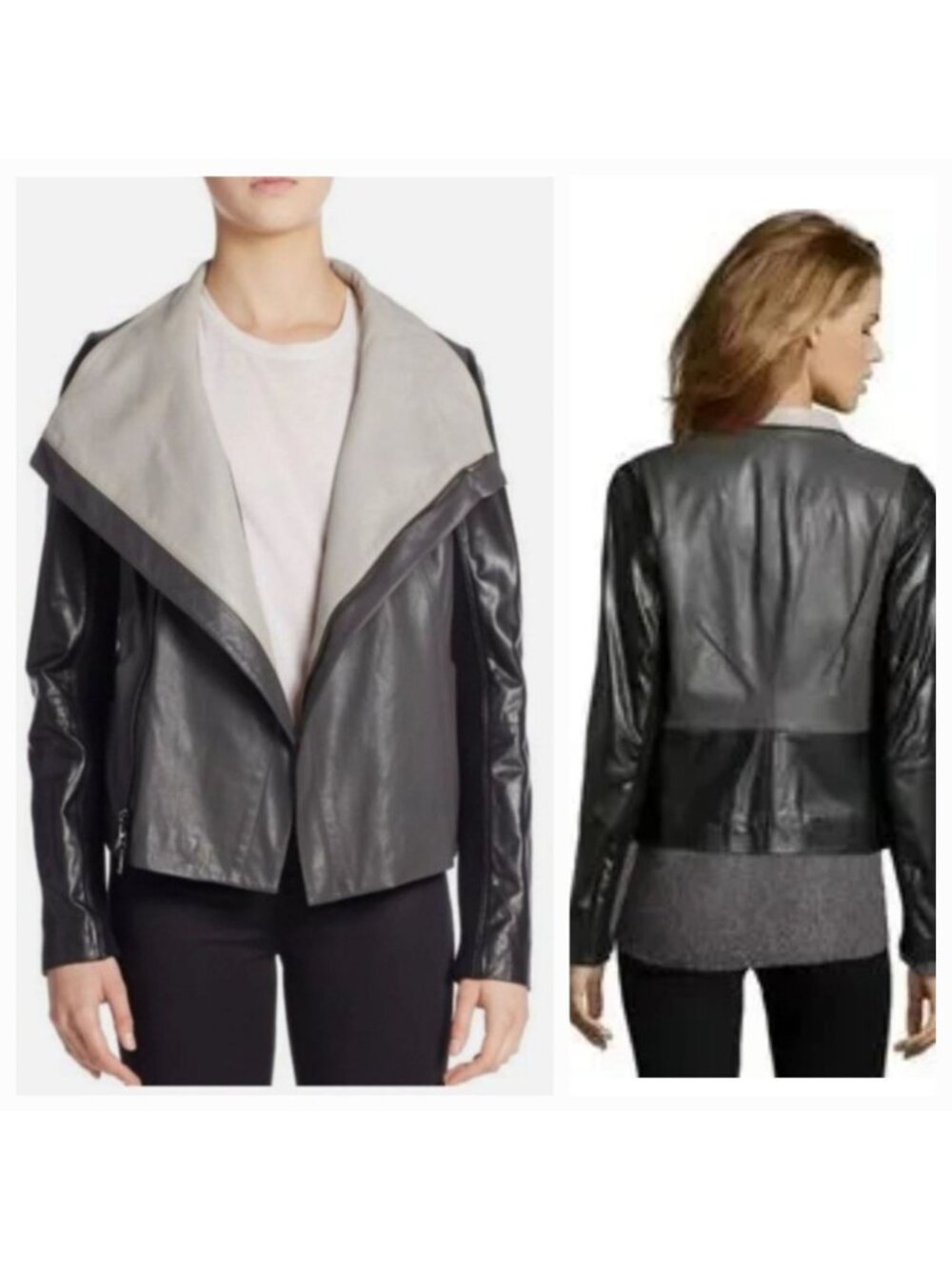 Vince Lamb Leather Jacket Womens M Colorblock Draped Moto Wool Knit Quiet Luxury